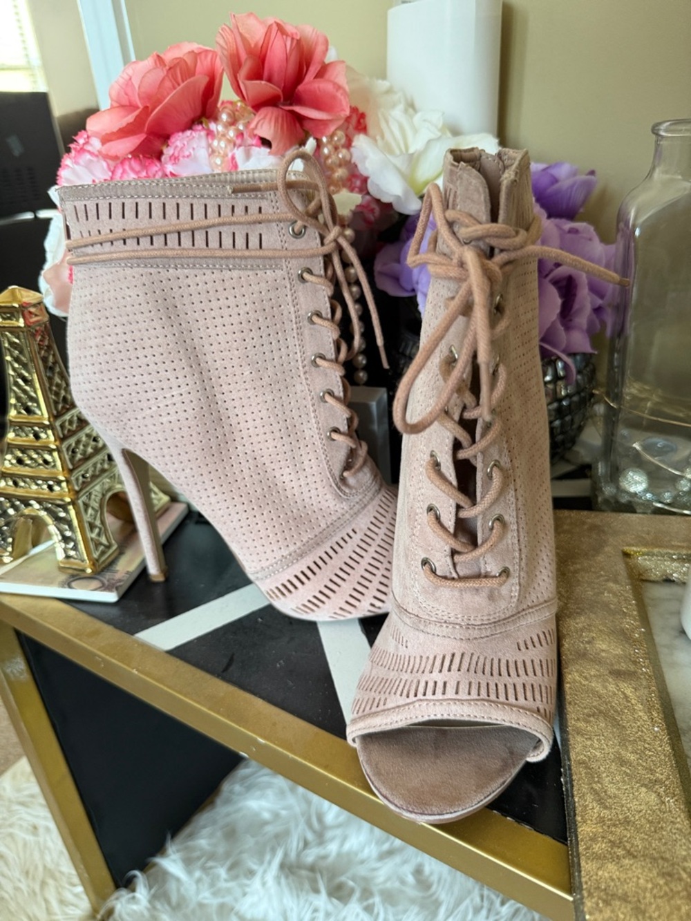 JustFab Blush Lace-Up Peep Toe Ankle Booties